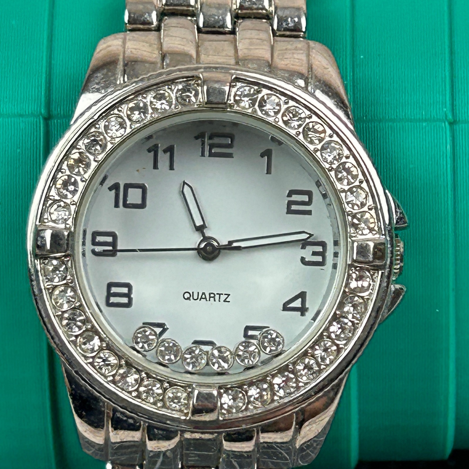Silver Tone Quartz Watch Rhinestone Bezel Floating Crystals White Dial